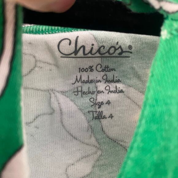 Chico's Green White Floral Keyhole 3/4 Shirt Boatneck Cotton Women size 4 / XXL - Picture 2 of 10